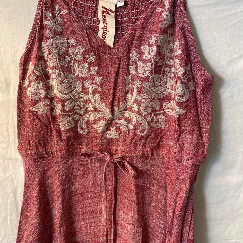Bohemian Linen/Cotton Embroidered Pink Maxi Dress - Small